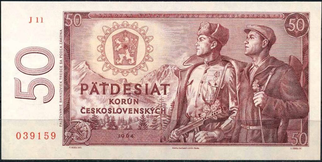 Československá modrá padesátikoruna vzor 1964 s motivem sovětského a československého partyzána.