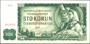 Lícová strana zelené československé bankovky v hodnotě 100 korun z roku 1961 s postavami hutníka a družstevnice.
