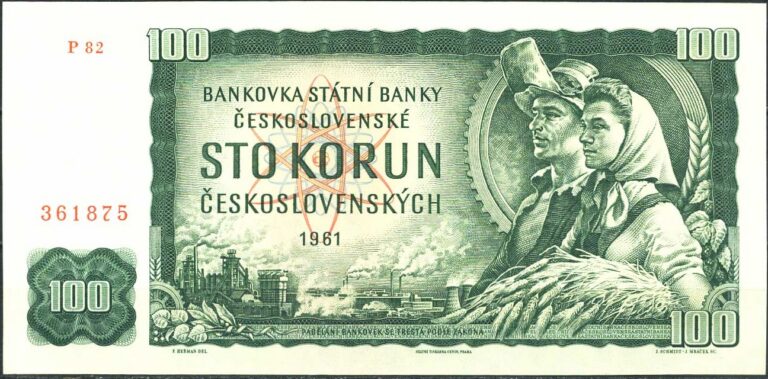 Lícová strana zelené československé bankovky v hodnotě 100 korun z roku 1961 s postavami hutníka a družstevnice.