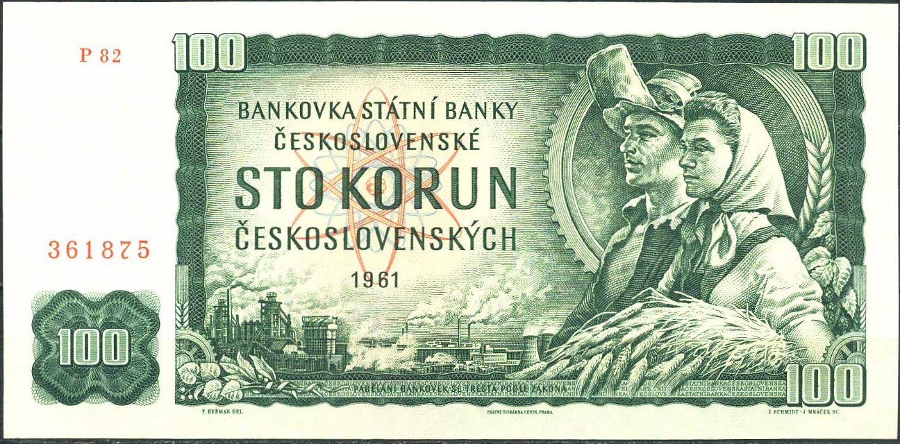 Lícová strana zelené československé bankovky v hodnotě 100 korun z roku 1961 s postavami hutníka a družstevnice.