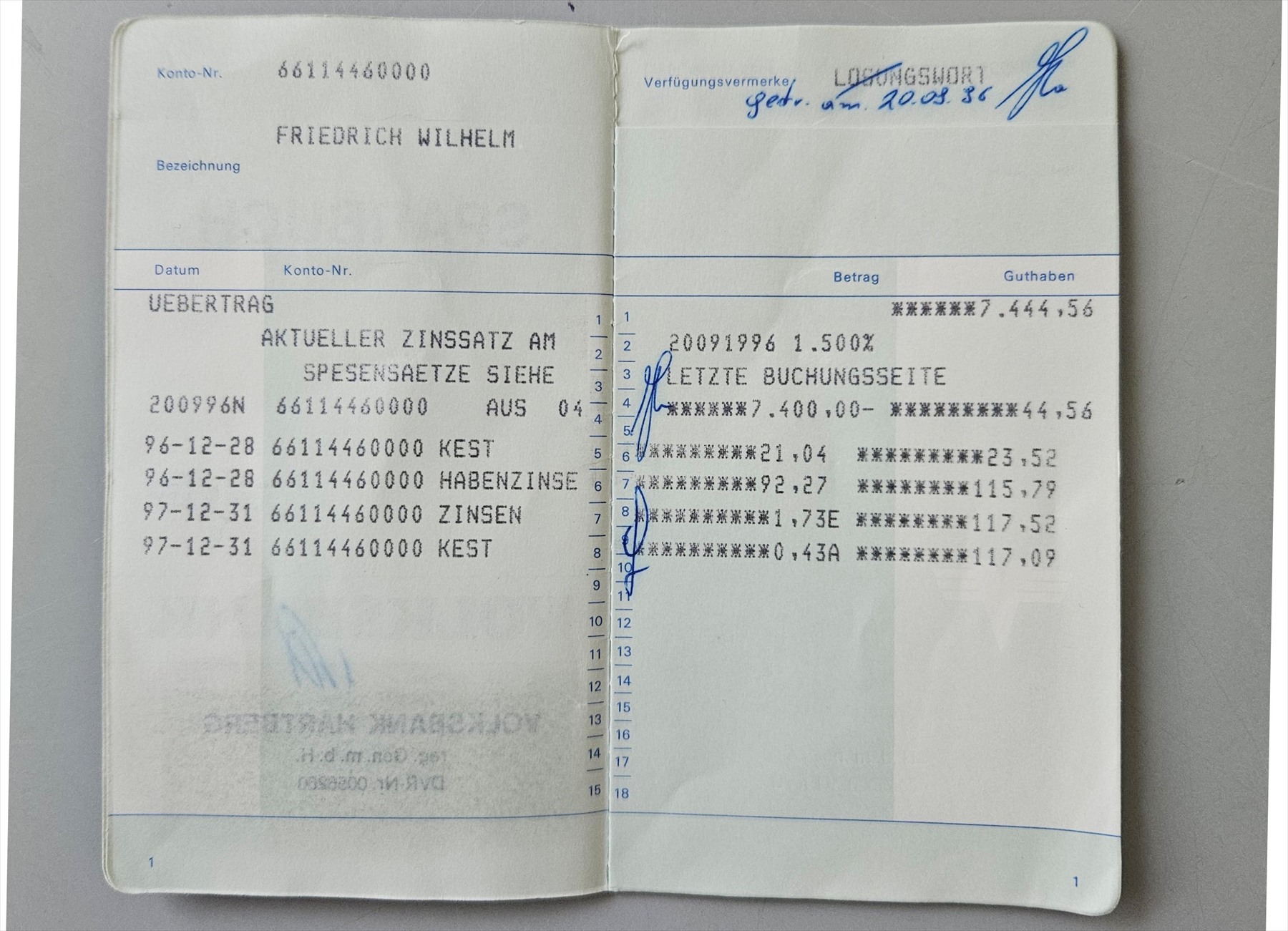 Otevřená rakouská vkladní knížka s osobním jménem, záznamy částek a razítky.